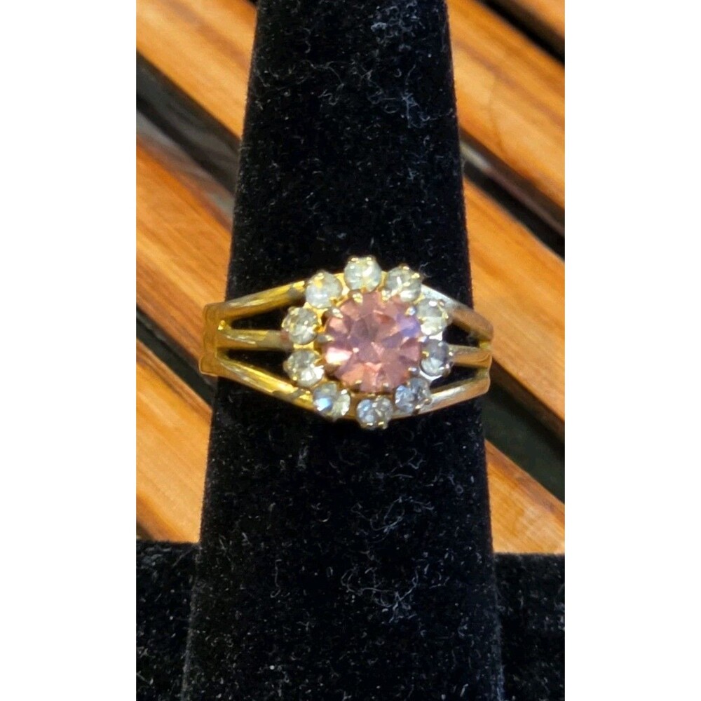 Vintage Gold Tone Pink Rhinestone Halo Cocktail Ring Adjustable Split Shank Band